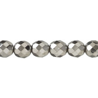 Bead, fire-polished, metallic grey glass, opaque clear, 8mm faceted round. Sold per 15-1/2 to 16-inch strand.