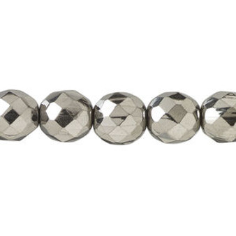 Bead, fire-polished, metallic grey glass, opaque clear, 10mm faceted round. Sold per 15-1/2 to 16-inch strand.