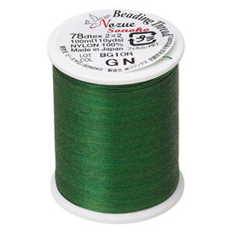 Thread, Nozue Sonoko, nylon, Green, 0.29mm diameter, 8-pound test. Sold per 110-yard spool.