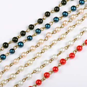 LAST STOCK: Handmade Ant Bronze Plated Brass - Glass Beaded Chains, Unwelded, with Glass Pearl Beads , 39.3 inch - White