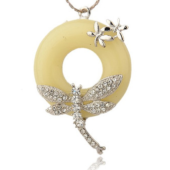 LAST STOCK: Alloy Resin Pendant, with Crystal Rhinestone, Ring with Dragonfly, Silver, LemonChiffon, 67x44x13mm, Hole: 2mm