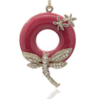 LAST STOCK: Alloy Resin Pendant, with Crystal Rhinestone, Ring with Dragonfly, Silver, Cerise, 67x44x13mm, Hole: 2mm