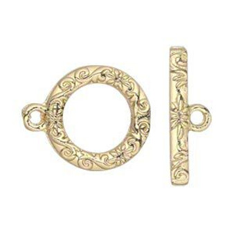 LAST STOCK: 3 Sets - Clasp, toggle, gold-finished "pewter" (zinc-based alloy), 17mm single-sided round with vine and flower design.