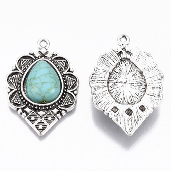 LAST STOCK: Tibetan Style Alloy Pendant, with Synthetic Turquoise, Teardrop, Antique Silver, 36.5x25x6mm, Hole: 1.8mm