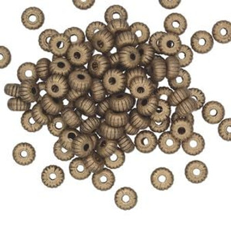 LAST STOCK: Bead, antique gold-plated brass, 4.5x2.5mm corrugated rondelle. Sold per pkg of 100. LAST STOCK: Bead, antique gold-plated brass, 4.5x2.5mm corrugated rondelle. Sold per pkg of 100.