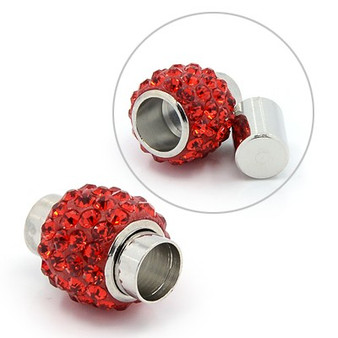 Magnetic Clasp - Medium 14mm x 9mm with cord ends (4mm I.D.) Platinum w Red Rhinestones in clay - 4 pack