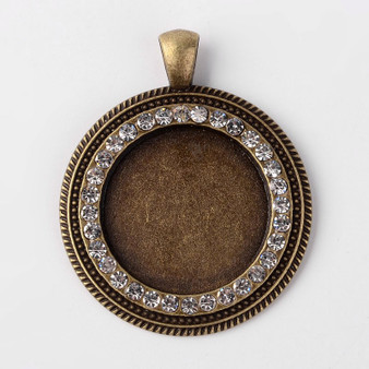 Tibetan Style Alloy Round Pendant (37x46mm) Cabochon Setting with Rhinestones, Antique Bronze