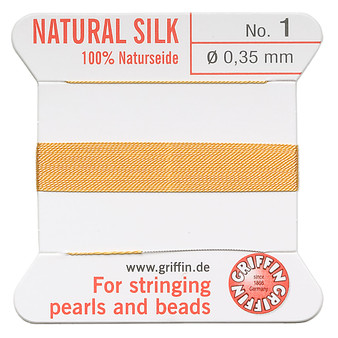 Griffin Thread, Silk 2-yard card with integrated flexible stainless steel needle Size 1 (0.35mm) Amber Yellow