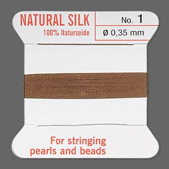 Griffin Thread, Silk 2-yard card with integrated flexible stainless steel needle Size 1 (0.35mm) Brown