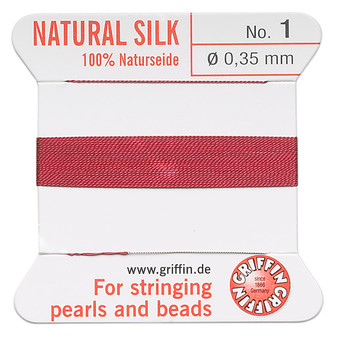 Griffin Thread, Silk 2-yard card with integrated flexible stainless steel needle Size 1 (0.35mm) Garnet Red