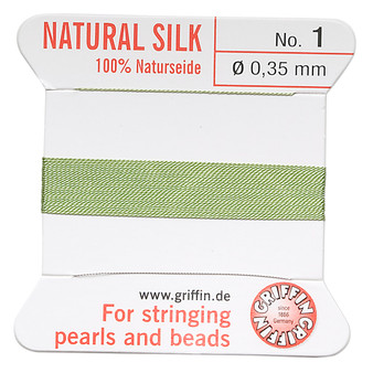 Griffin Thread, Silk 2-yard card with integrated flexible stainless steel needle Size 1 (0.35mm) Jade