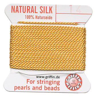 Griffin Thread, Silk 2-yard card with integrated flexible stainless steel needle Size 14 (1.02mm) Amber Yellow