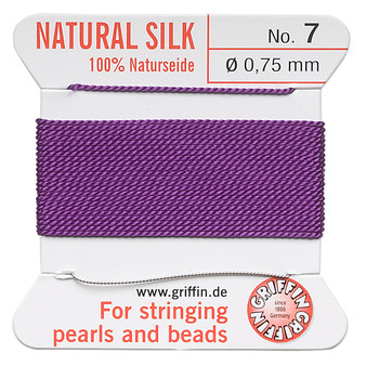 Griffin Thread, Silk 2-yard card with integrated flexible stainless steel needle Size 7 (0.75mm) Amethyst Purple