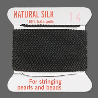 Griffin Thread, Silk 2-yard card with integrated flexible stainless steel needle Size 14 (1.02mm) Black