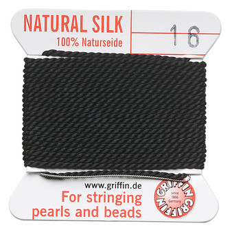 Griffin Thread, Silk 2-yard card with integrated flexible stainless steel needle Size 16 (1.05mm) Black