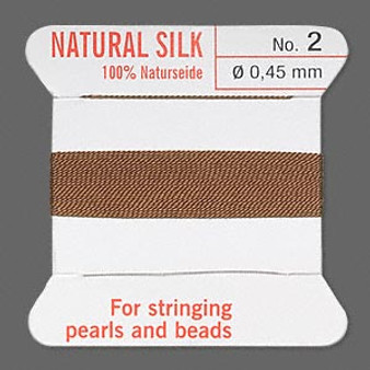 Griffin Thread, Silk 2-yard card with integrated flexible stainless steel needle Size 2 (0.45mm) Brown