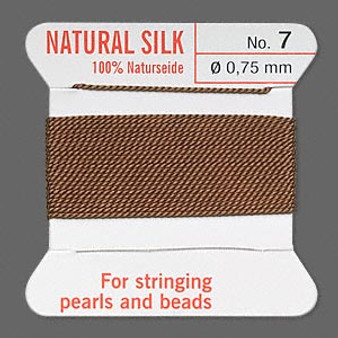 Griffin Thread, Silk 2-yard card with integrated flexible stainless steel needle Size 7 (0.75mm) Brown