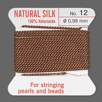 Griffin Thread, Silk 2-yard card with integrated flexible stainless steel needle Size 12 (0.98mm) Brown