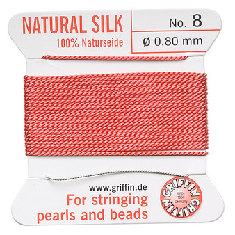 Griffin Thread, Silk 2-yard card with integrated flexible stainless steel needle Size 8 (0.8mm) Coral