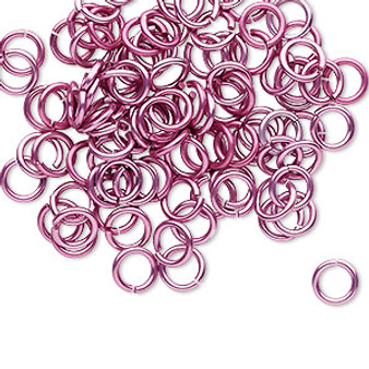 Jump ring, anodized tempered aluminum, Pink, 6mm round, 4.2mm inside diameter, 18 gauge. Sold per pkg of 100.