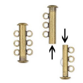 Clasp, 3-strand slide lock, antique gold-plated brass, 21x6mm tube. Sold per pkg of 4.