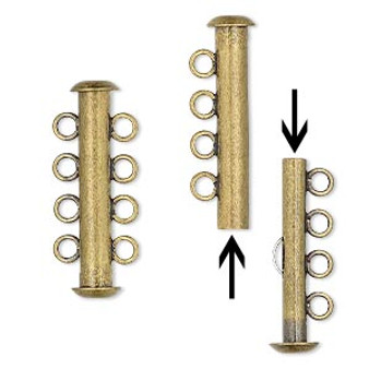 Clasp, 4-strand slide lock, antique gold-plated brass, 26x6mm tube. Sold per pkg of 4.