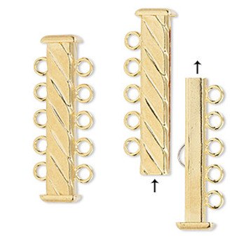 Clasp, 5-strand slide lock, gold-plated brass, 31x7mm corrugated rectangle tube. Sold per pkg of 4.