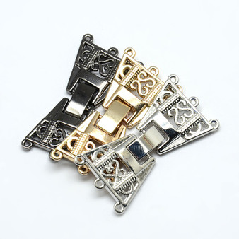 3 Strand Zinc Alloy and Brass Fold Over Clasps, Lead Free, Copper, 36x19x3mm, Hole: 1mm - 2 pk