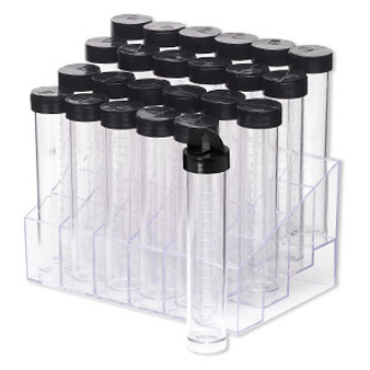Display, acrylic, clear, 5-3/4x3-3/4 inch rectangle rack with 24 clear 4x3/4 inch wide vials with black twist-on caps with hang-tabs. Sold per set.
