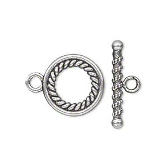 Clasp, toggle, antique silver-plated "pewter" (zinc-based alloy), 16mm double-sided fancy twisted roped round. Sold per pkg of 10.