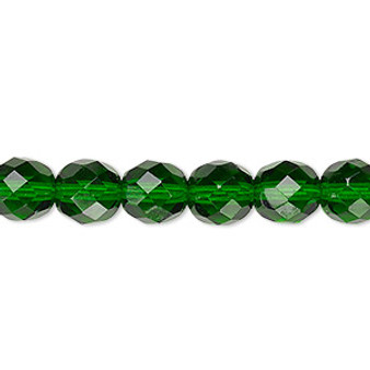 Bead, Czech fire-polished glass, transparent emerald green, 8mm faceted round. Sold per 15-1/2" to 16" strand, approximately 50 beads.