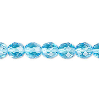 Bead, Czech fire-polished glass, light turquoise blue, 8mm faceted round. Sold per 15-1/2" to 16" strand, approximately 50 beads.