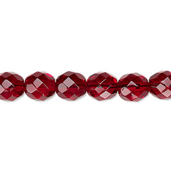 Bead, Czech fire-polished glass, translucent garnet red, 8mm faceted round. Sold per 15-1/2" to 16" strand, approximately 50 beads.