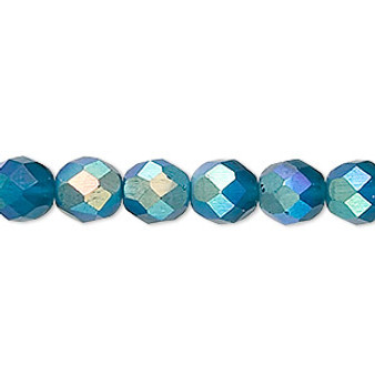 Bead, Czech fire-polished glass, matte blue AB, 8mm faceted round. Sold per 15-1/2" to 16" strand.