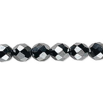 Bead, Czech fire-polished glass, opaque hematite, 8mm faceted round. Sold per 15-1/2" to 16" strand, approximately 50 beads.