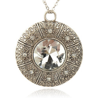 Tibetan Style Alloy Glass Pendant, with Crystal Rhinestone, Flat Round, Antique Silver, Clear, 66x57x9mm, Hole: 7mm