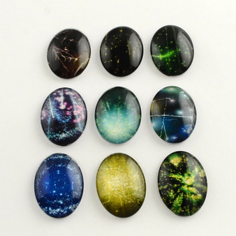 8 x Galaxy Starry Sky Pattern Flatback Oval Glass Cabochons, Mixed design, 25x18x5mm