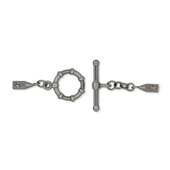 Clasp, toggle, Screw-Tite Crimps™, gunmetal-plated brass, 43x12mm with 12mm barrel crimp ends, for wire up to 0.024 inches. Sold per pkg of 2.