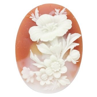 Cabochon, acrylic, peach and white, 40x30mm left-facing non-calibrated oval cameo with flower.