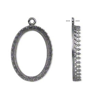 Drop, JBB Findings, gunmetal-plated brass, 27x20mm oval with open back and decorative trim, 25x18mm oval bezel setting.