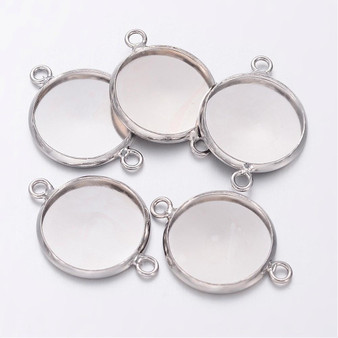 21.5x16x2.5mm - Platinum - 10 pack - Plated Brass Bezel Connector Link Setting for Cameo Cabochon, Plain Edge Bezel Cups, Flat Round, Lead, Cadmium & Nickel Free, Tray: 14mm; , Hole: 1.5mm