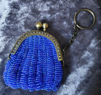 Handmade Bead Knitted Purse - Blue AB with Ant Bronze clasp and keyring