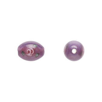 9-10mm x 6-7mm - Czech - Op Purple, Pink Green- 4pk - Oval Lampworked Glass with flower Design