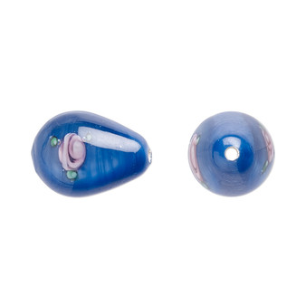 14-15mm x 10-11mm - Czech - Op Blue, Pink Green - 2pk - Teardrop Lampworked Glass with flower Design