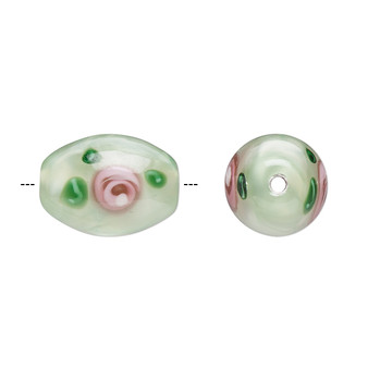 15-16mm x 10-11mm - Czech - Op White, Pink Green - 2pk - Oval Lampworked Glass with flower Design