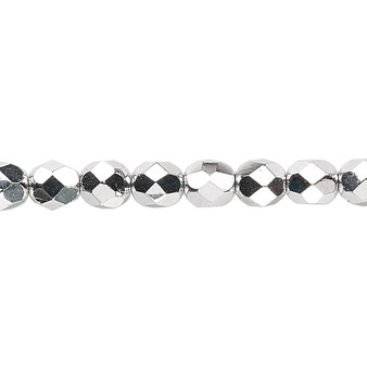 6mm - Czech - Opaque Metallic Silver - Strand (approx 65 beads) - Faceted Round Fire Polished Glass