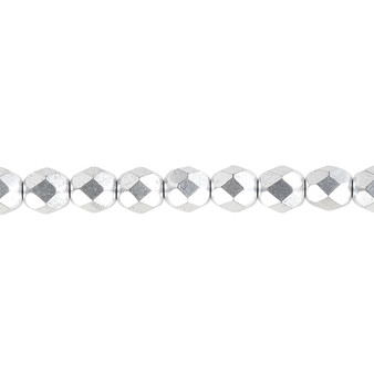 6mm - Czech - Opaque Satin Silver - Strand (approx 65 beads) - Faceted Round Fire Polished Glass