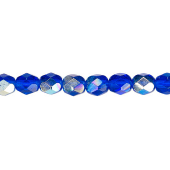 6mm - Czech - Translucent Light Cobalt AB - Strand (approx 65 beads) - Faceted Round Fire Polished Glass