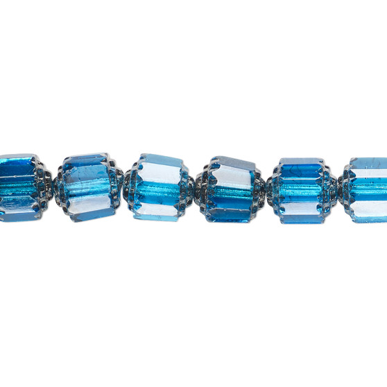 8mm - Preciosa Czech - Turquoise Blue & Metallic Silver - 15.5" Strand (Approx 50 beads) - Round Cathedral Glass Beads