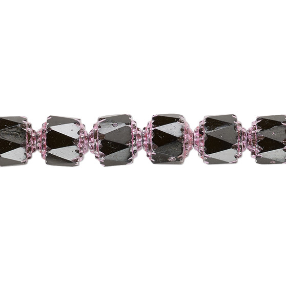 8mm - Preciosa Czech - Opaque Jet & Metallic Pink - 15.5" Strand (Approx 50 beads) - Round Cathedral Glass Beads